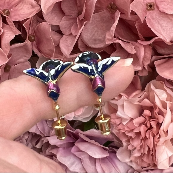 Whimsical Hand Painted Blue and Purple Birds of Paradise Hoop Earrings - Picture 12 of 16